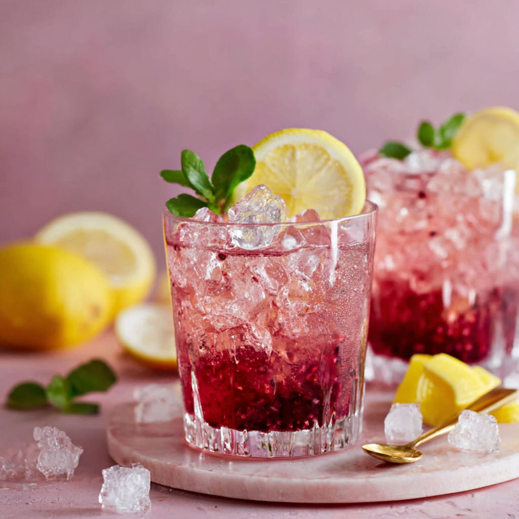 A glass of red raspberry seltzer with lemon slices.