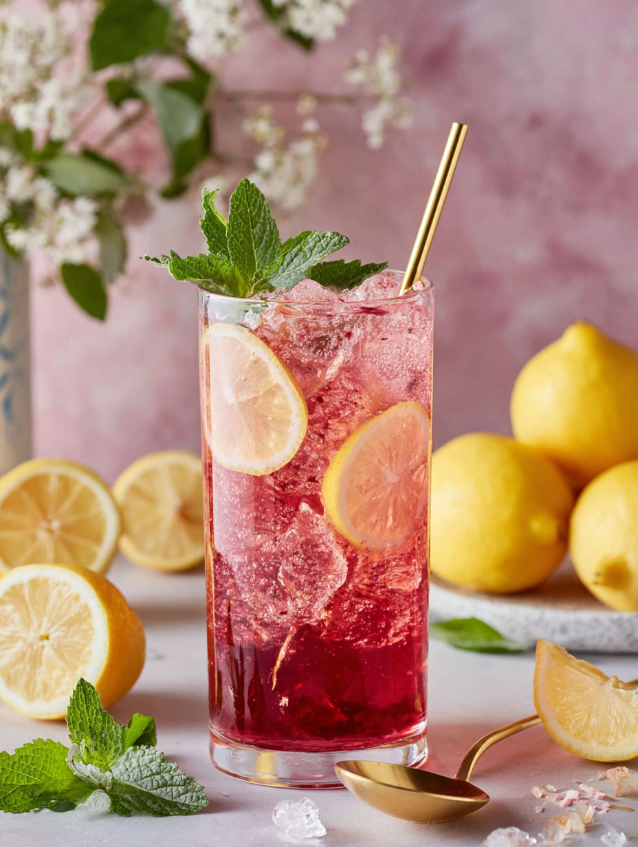 A glass of red wine with lemon slices in it.