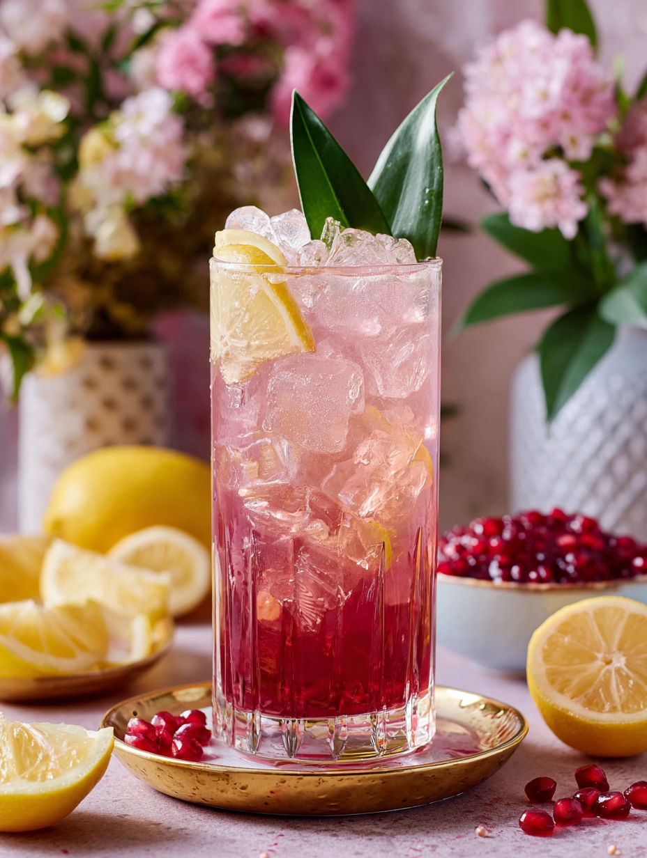A glass of pink lemonade with a lemon wedge in it.