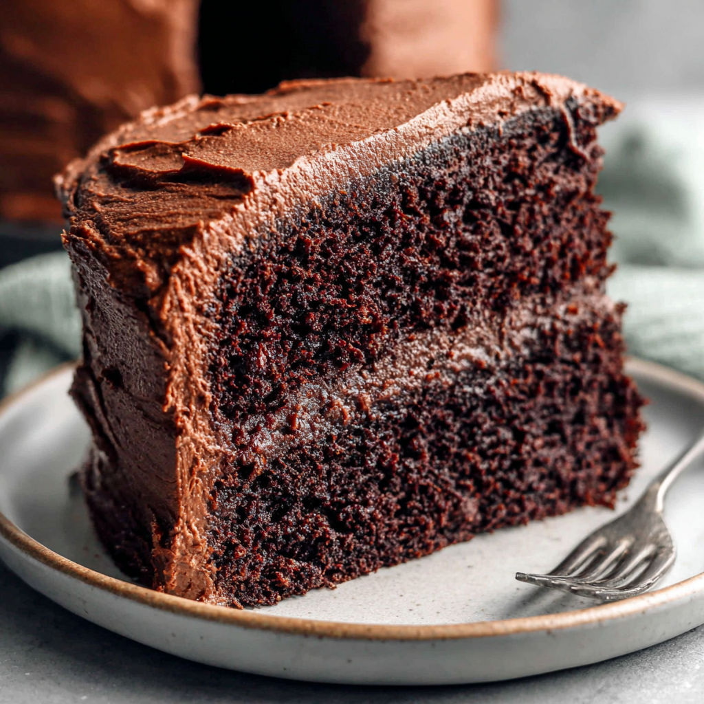 A slice of moist rich chocolate cake.