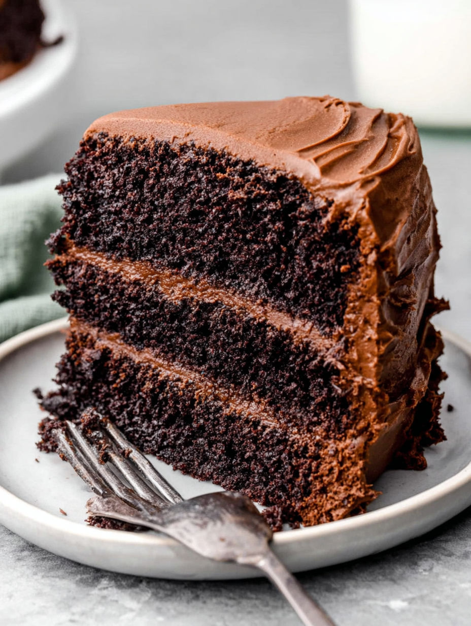 A slice of moist rich chocolate cake.