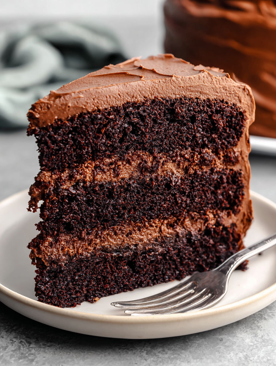 A slice of moist rich chocolate cake.