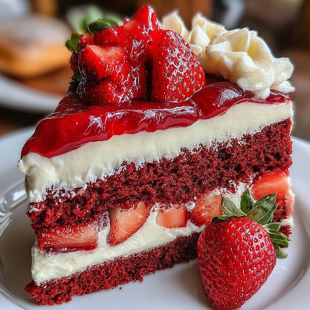A slice of red velvet strawberry cheesecake.