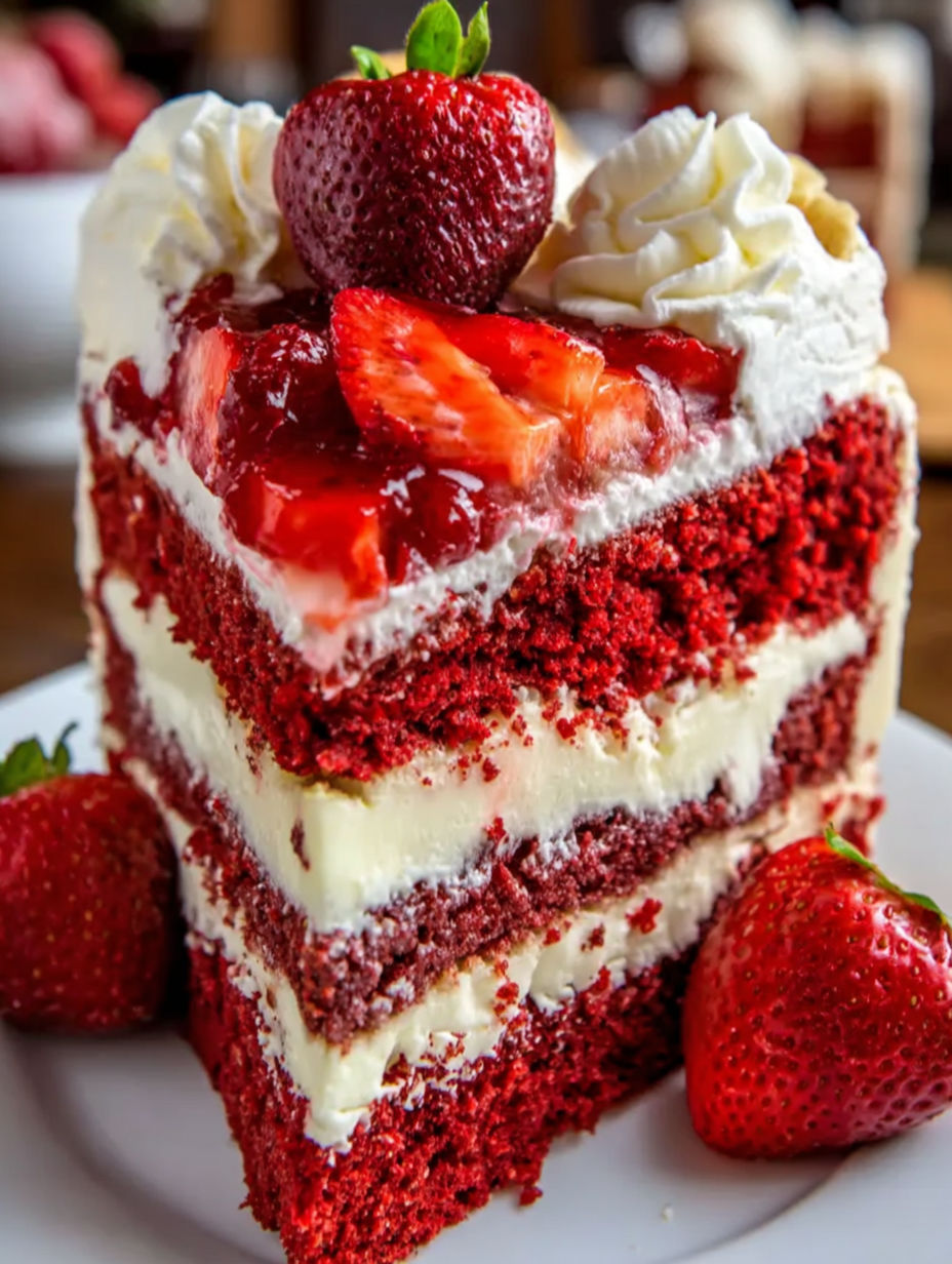 A slice of red velvet cake with strawberries on top.