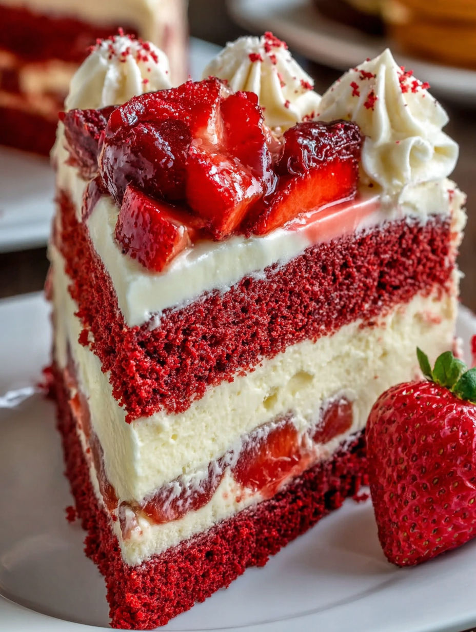 A slice of red velvet cake with strawberries on top.