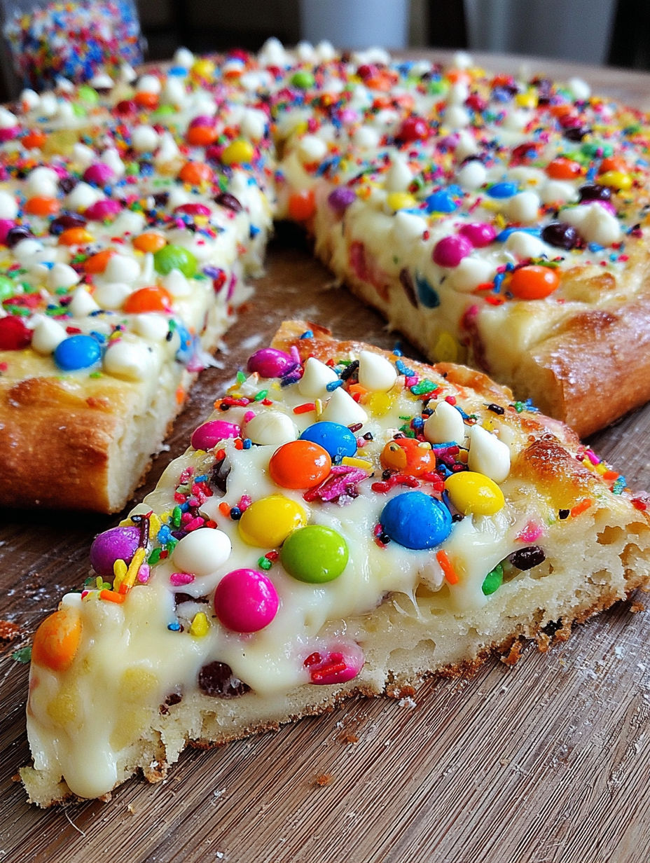 A slice of pizza with white chocolate and colorful sprinkles.