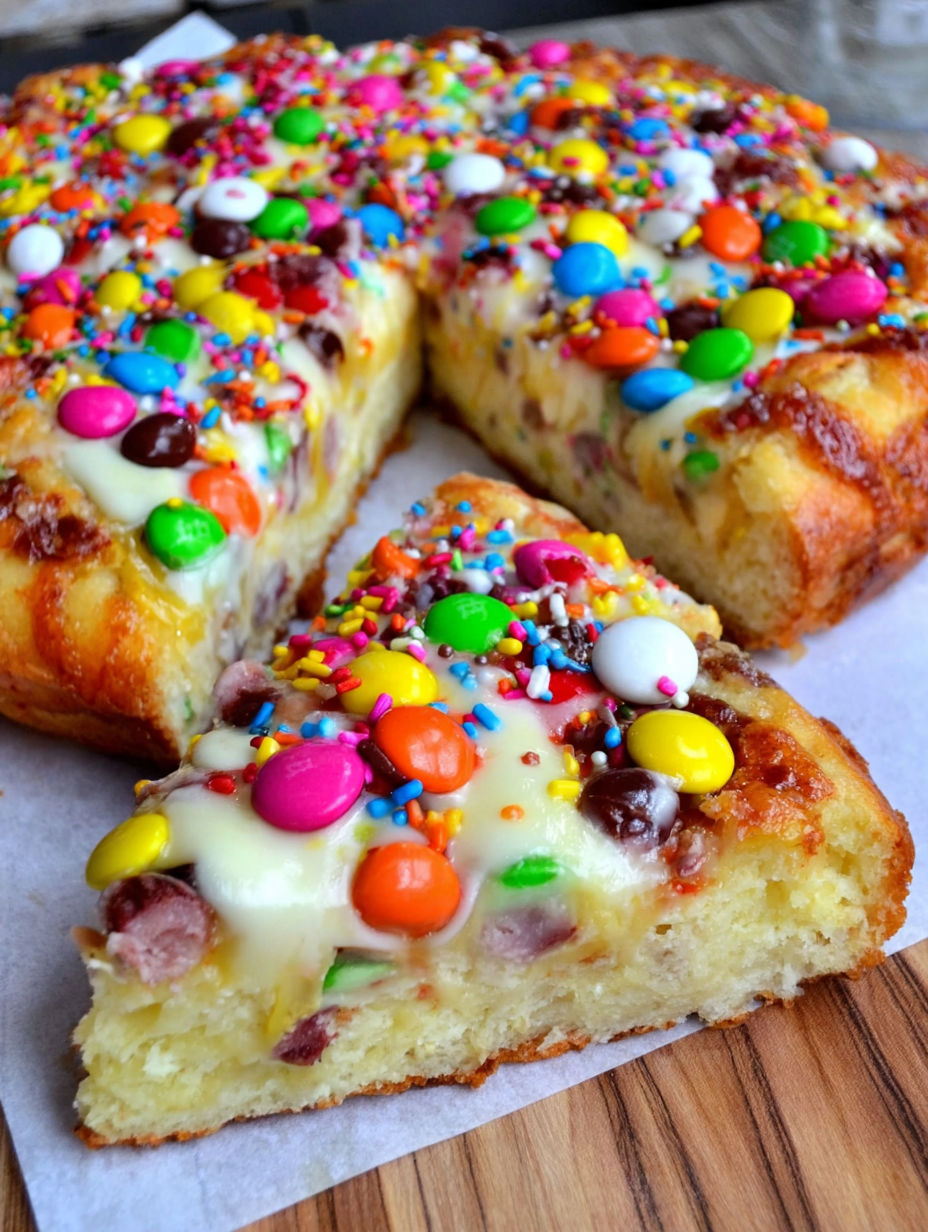A slice of white chocolate brownie pizza.