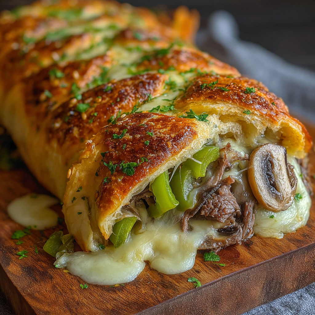 A Philly Cheesesteak Stromboli on a wooden cutting board.