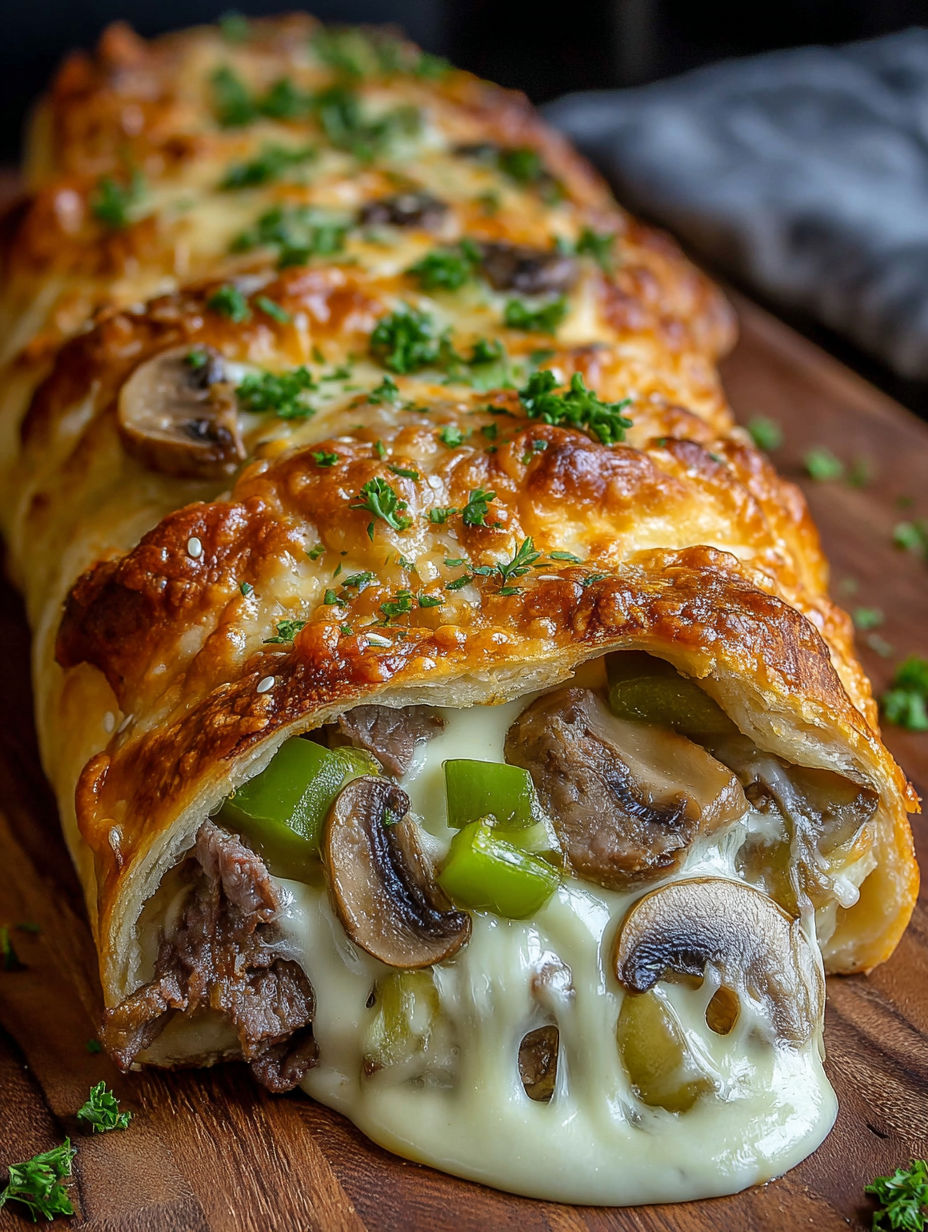 A Philly Cheesesteak Stromboli is sliced and ready to be eaten.