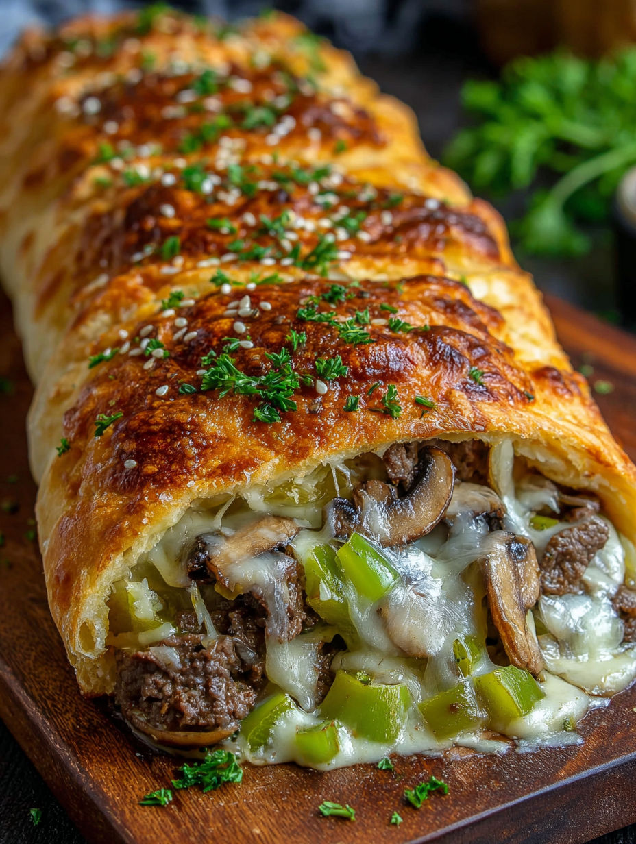 A Philly Cheesesteak Stromboli with mushrooms and cheese.