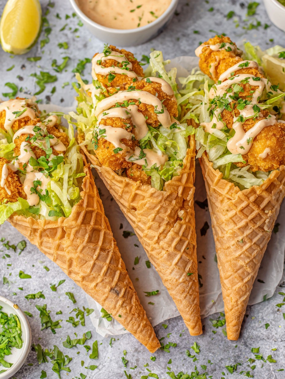 Three waffle cones filled with spicy chicken and creamy sriracha sauce.