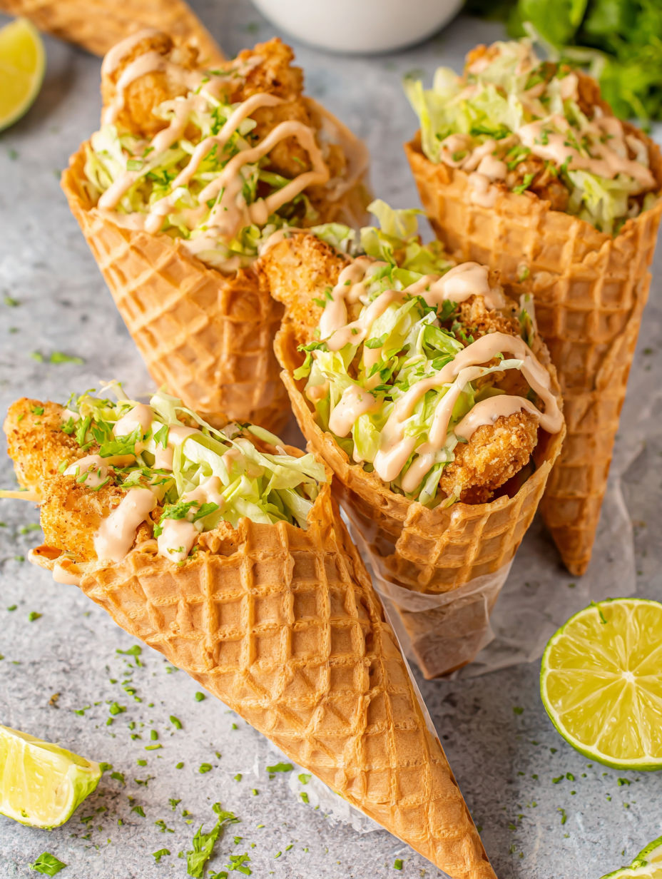 Spicy chicken waffle cones with creamy sriracha sauce.