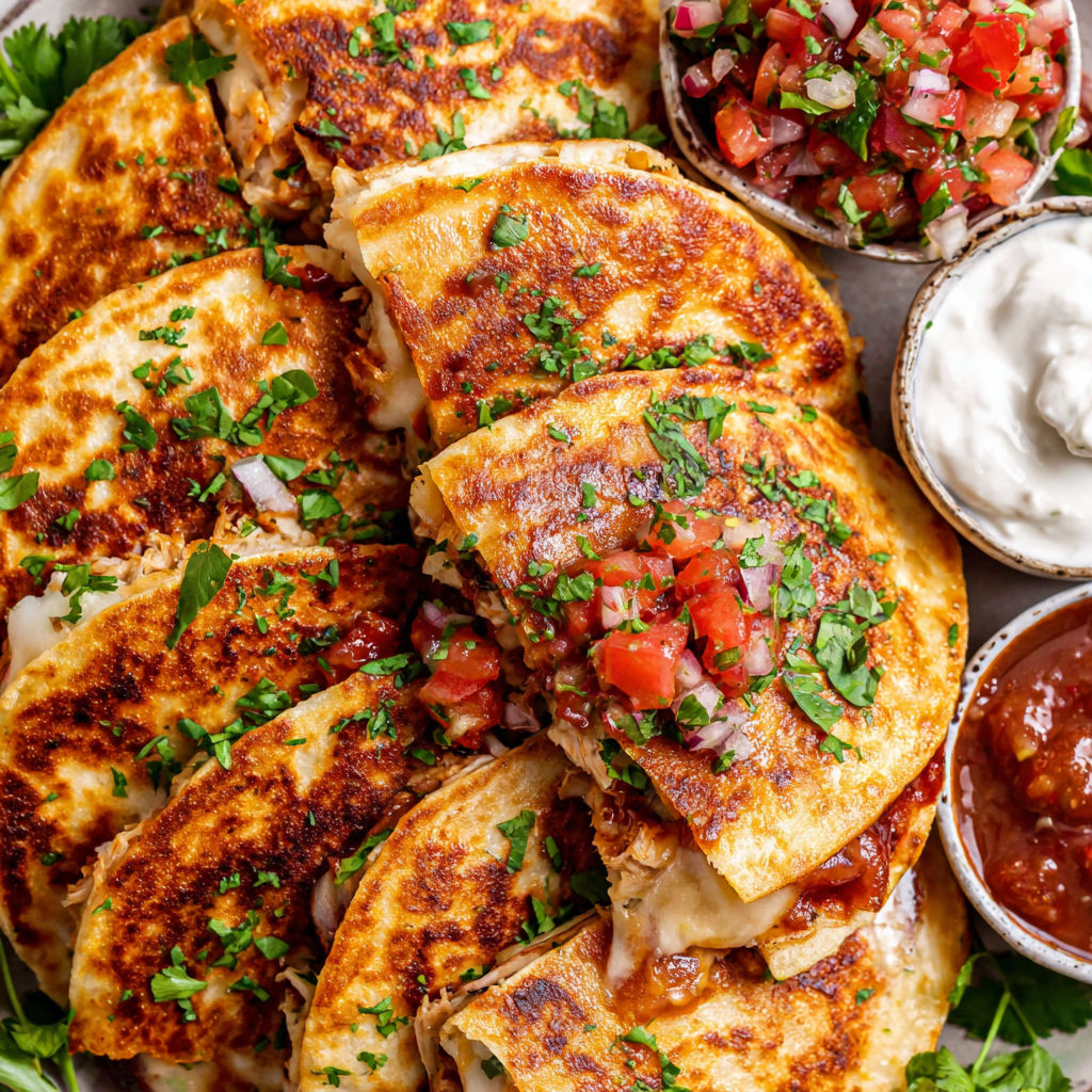 Mini chicken quesadillas with tomatoes and sour cream.