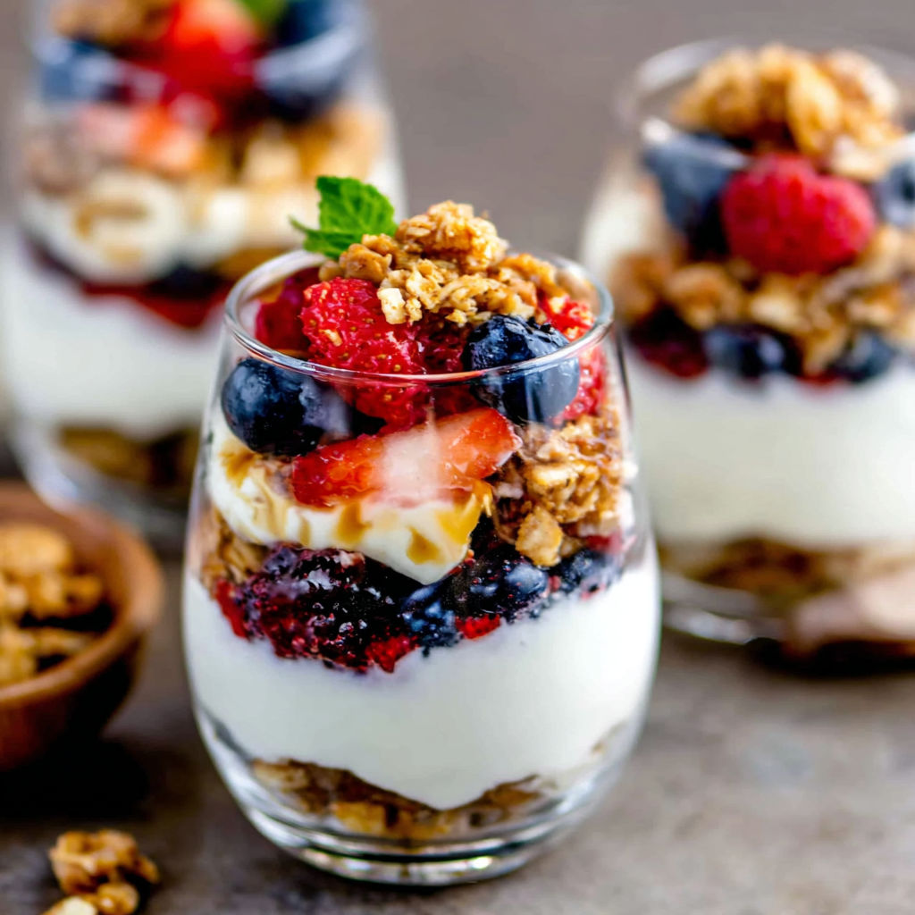 A glass of yogurt with granola and berries.