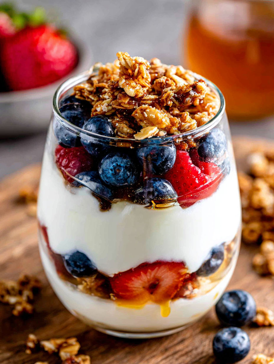 A glass of yogurt with granola and berries.