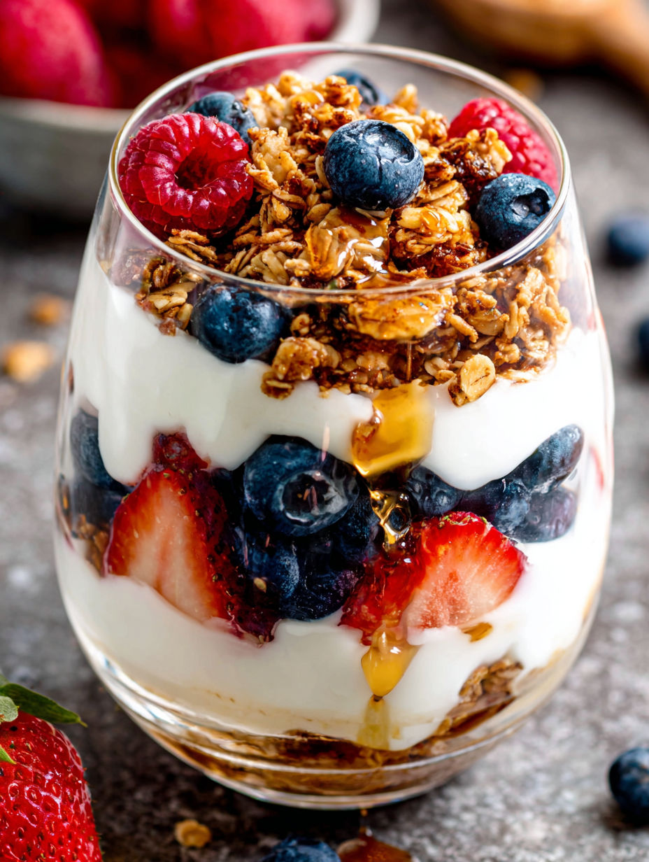 A glass of Greek yogurt parfait with blueberries and strawberries.