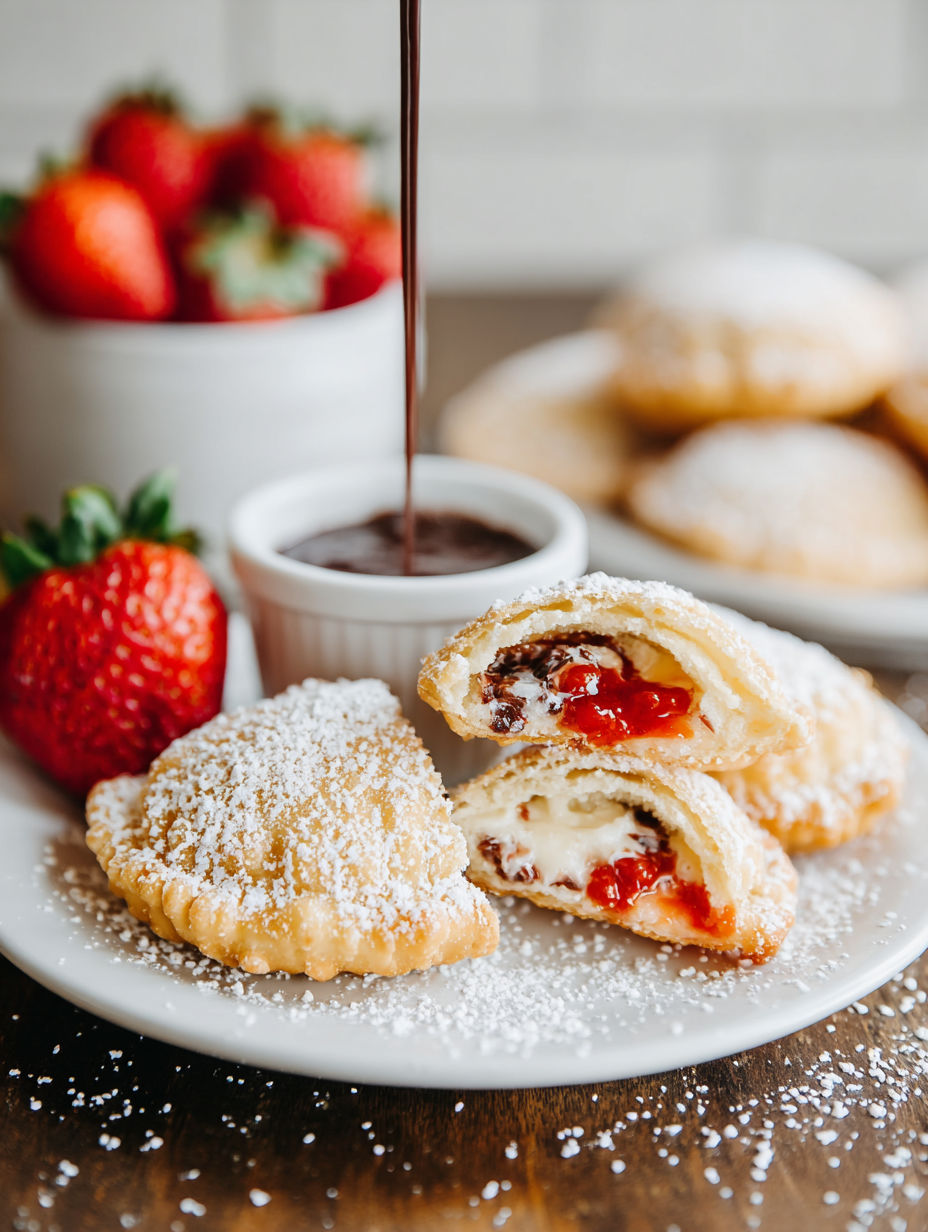 A plate of fried uncrustables with strawberries and chocolate.