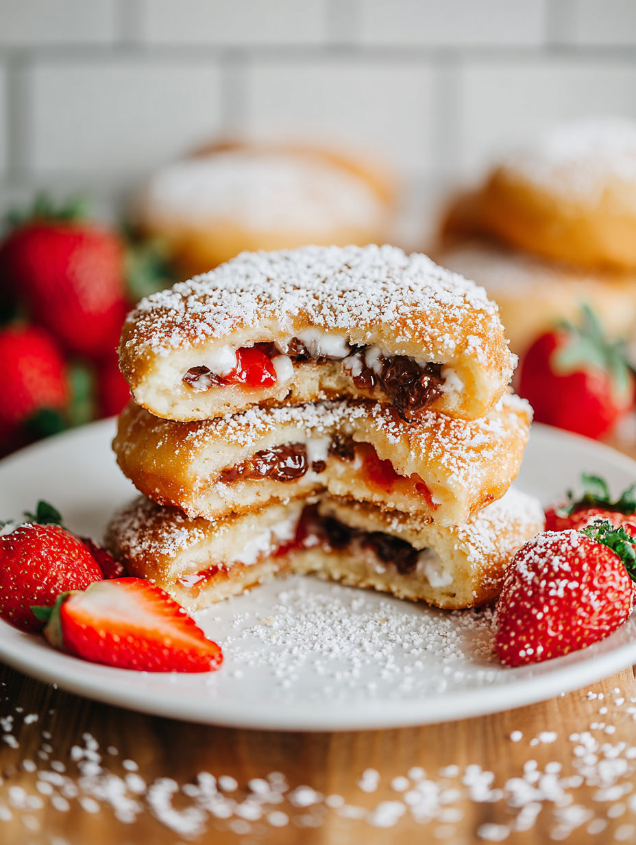 A plate of fried uncrustables with strawberries and powdered sugar.