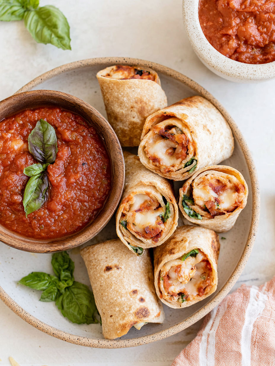 A plate of air fryer tortilla pizza rolls.