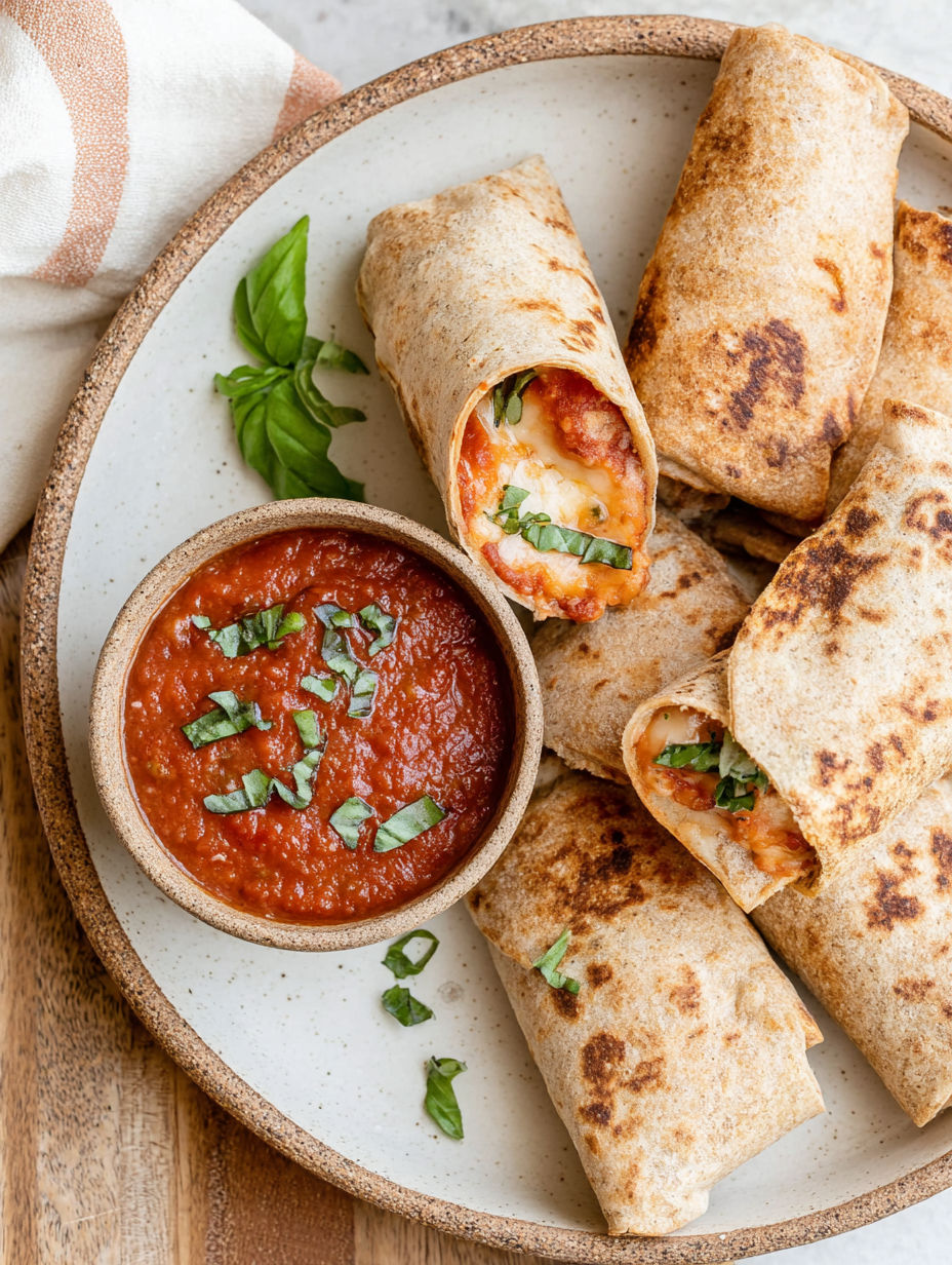 A plate of tortilla pizza rolls with sauce.