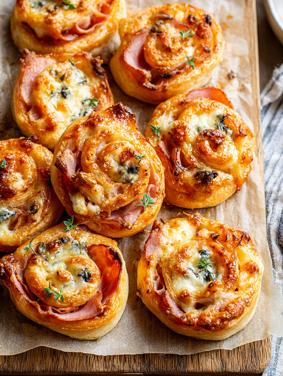 A plate of ham and cheese pinwheels.