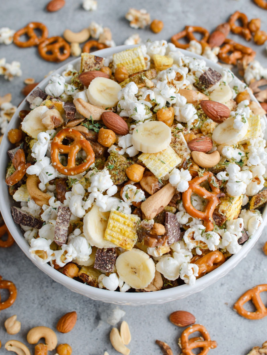 A bowl of popcorn with various toppings.