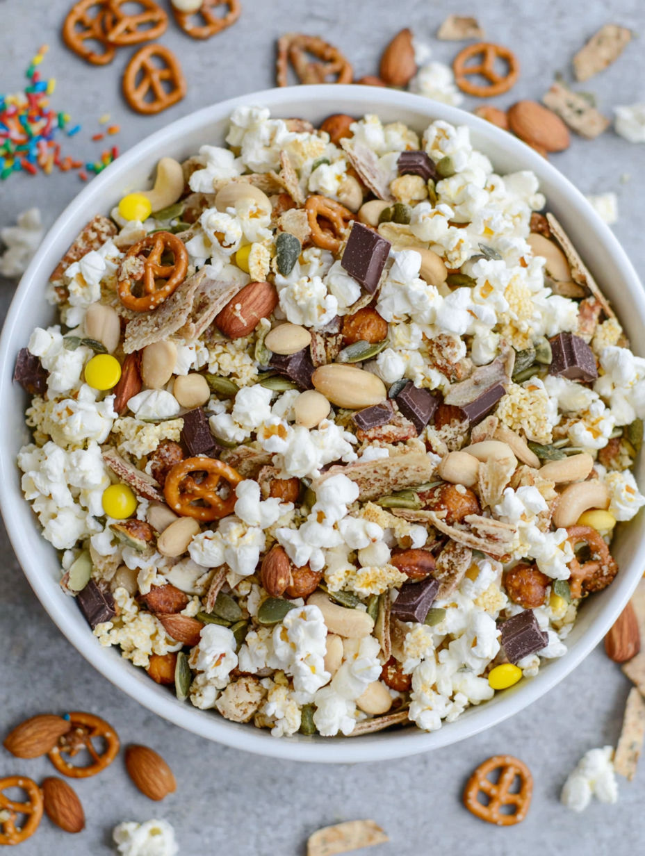 A bowl of popcorn with various toppings.
