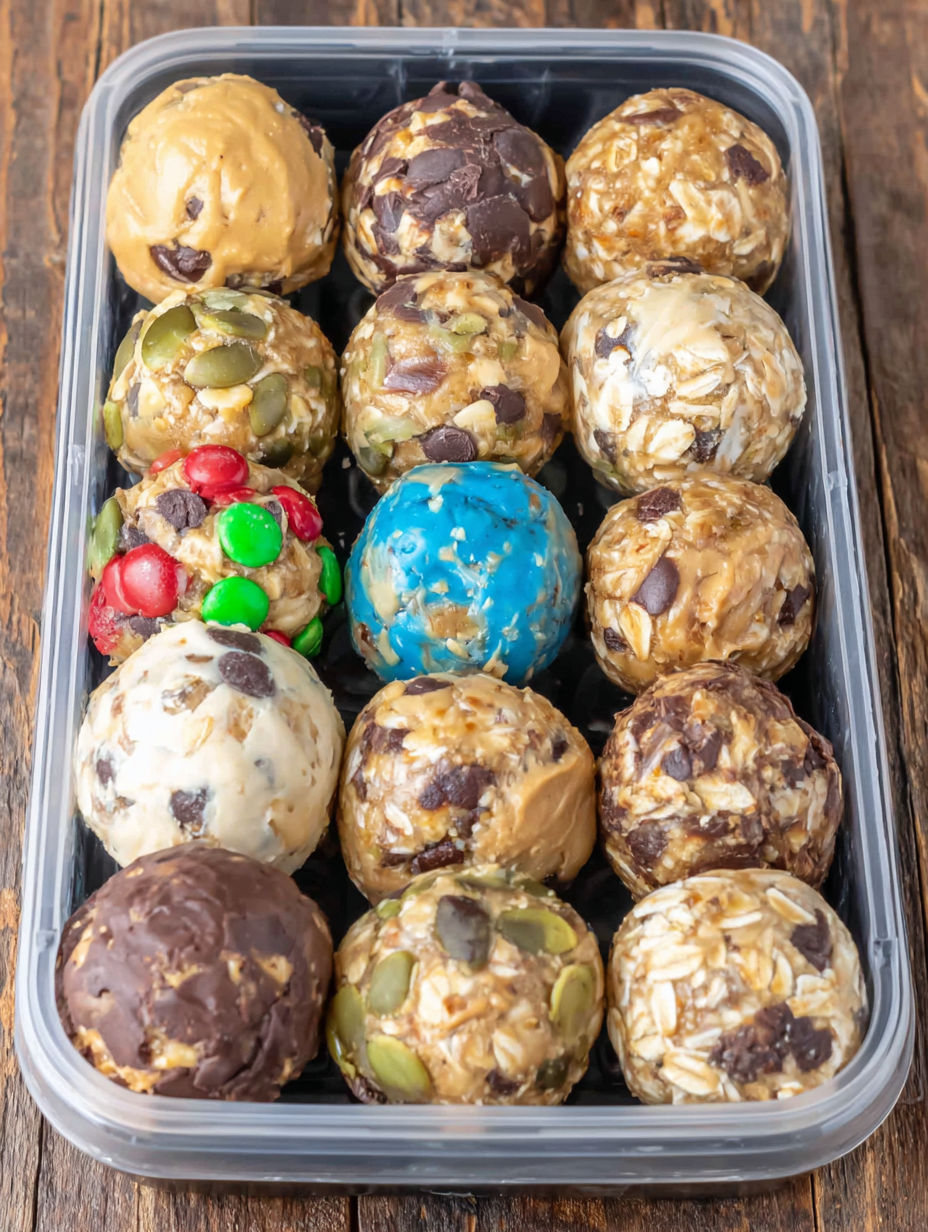 A container of various candy and snack balls.