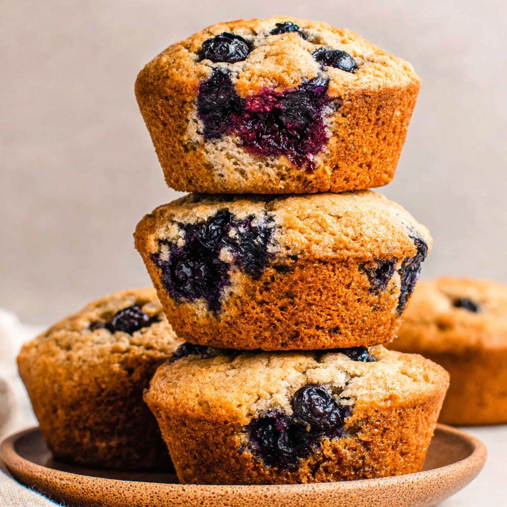 Three stacks of blueberry muffins on a plate.