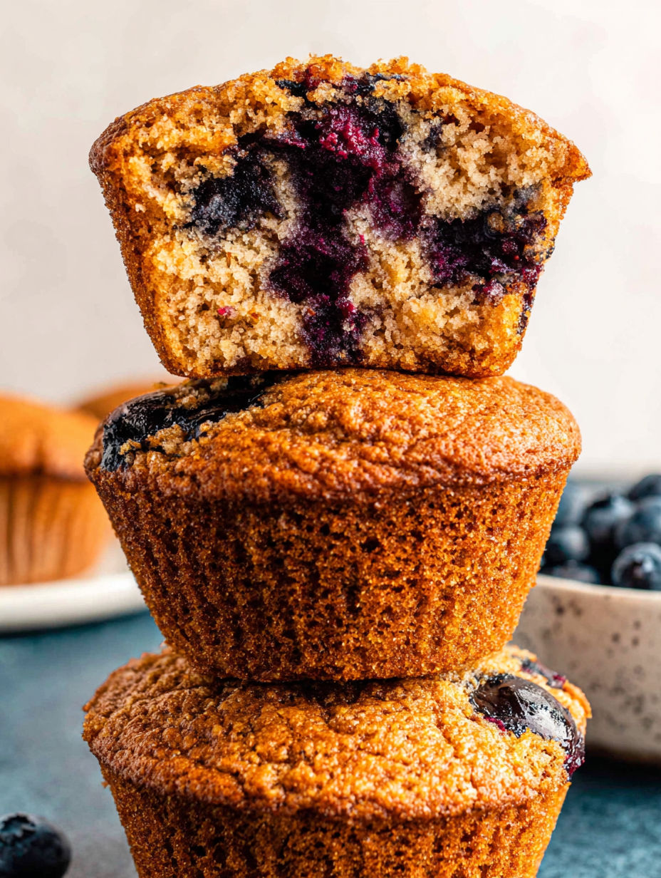 Three stacked muffins with blueberries on top.