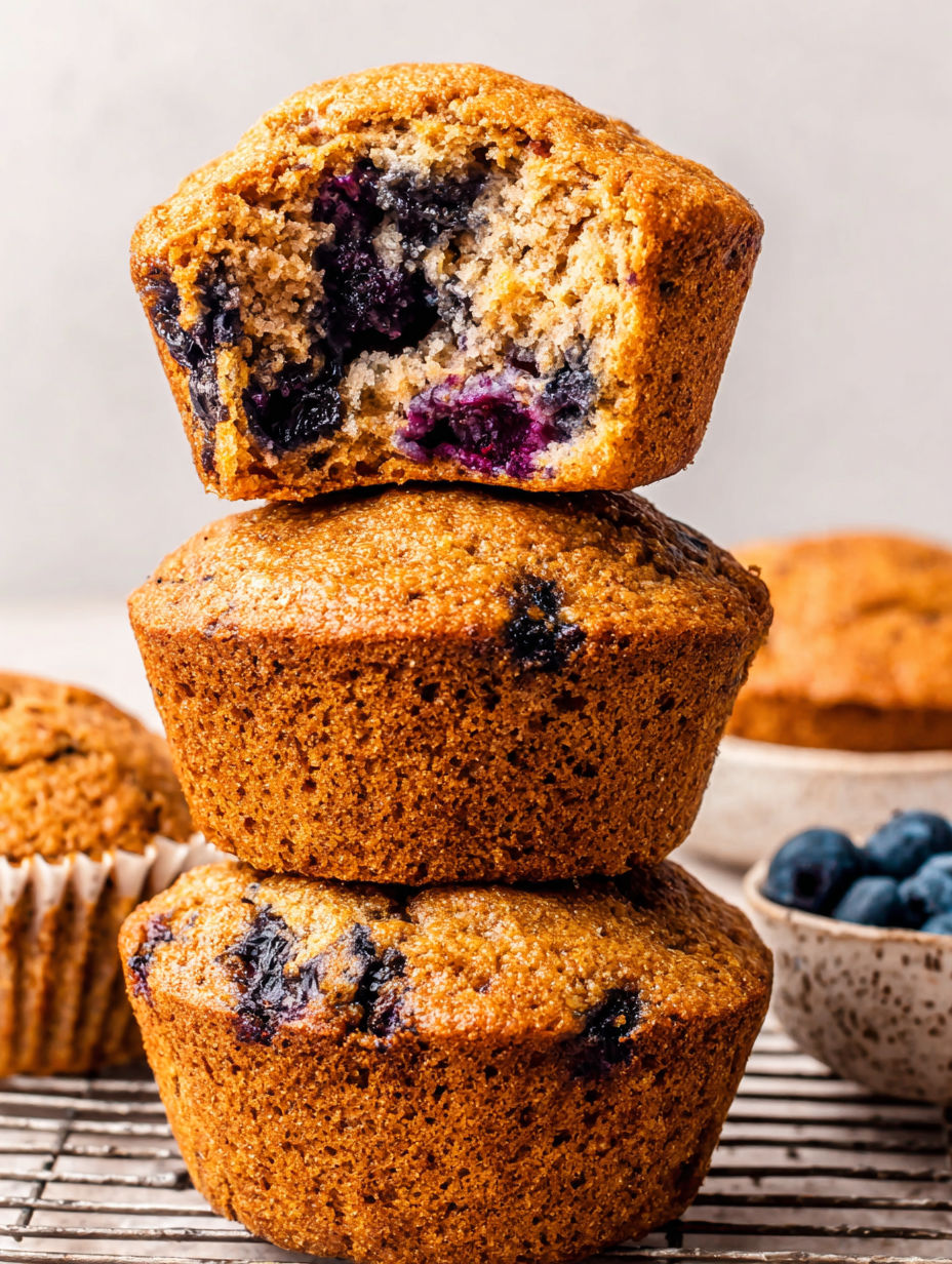 Three stacks of blueberry muffins on a table.