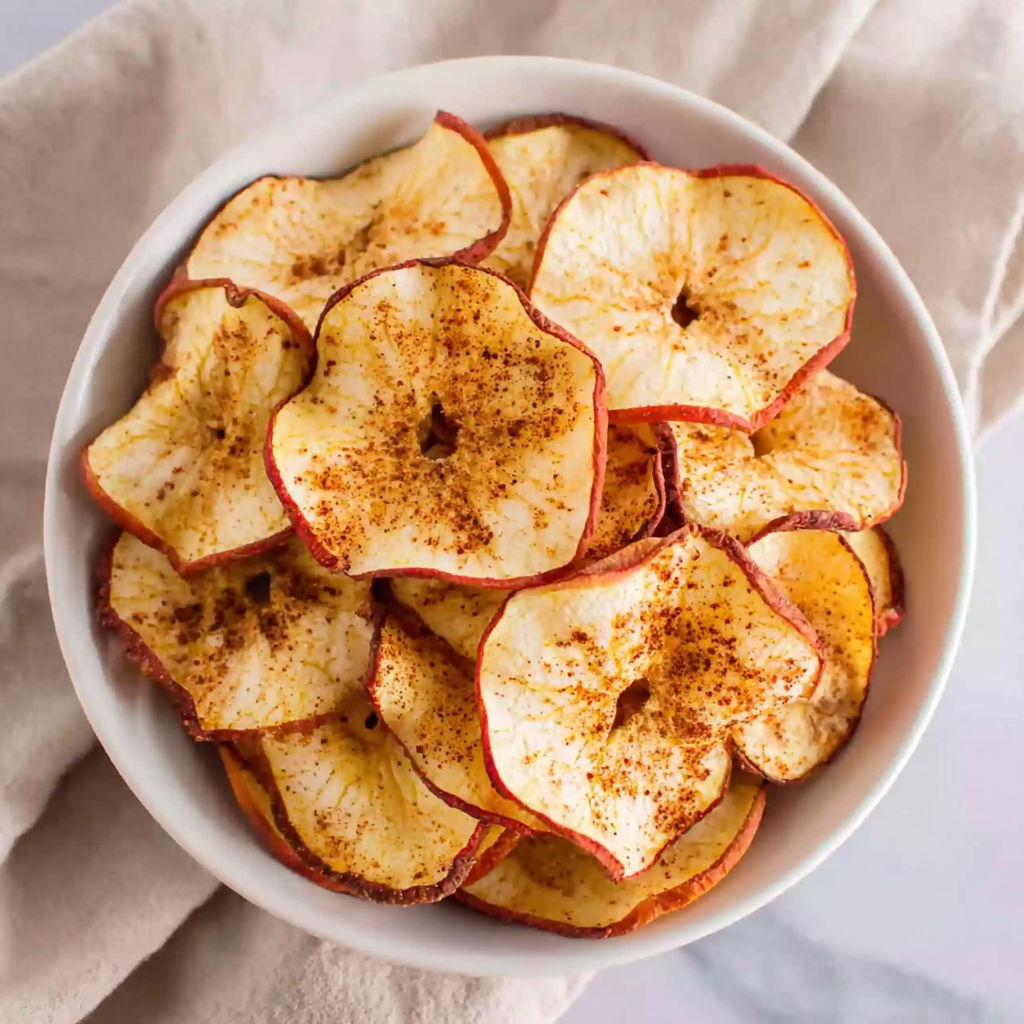 A bowl of apple chips with cinnamon.