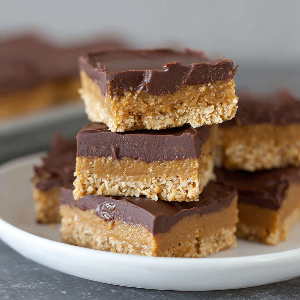 A plate of chocolate peanut butter bars with oats.