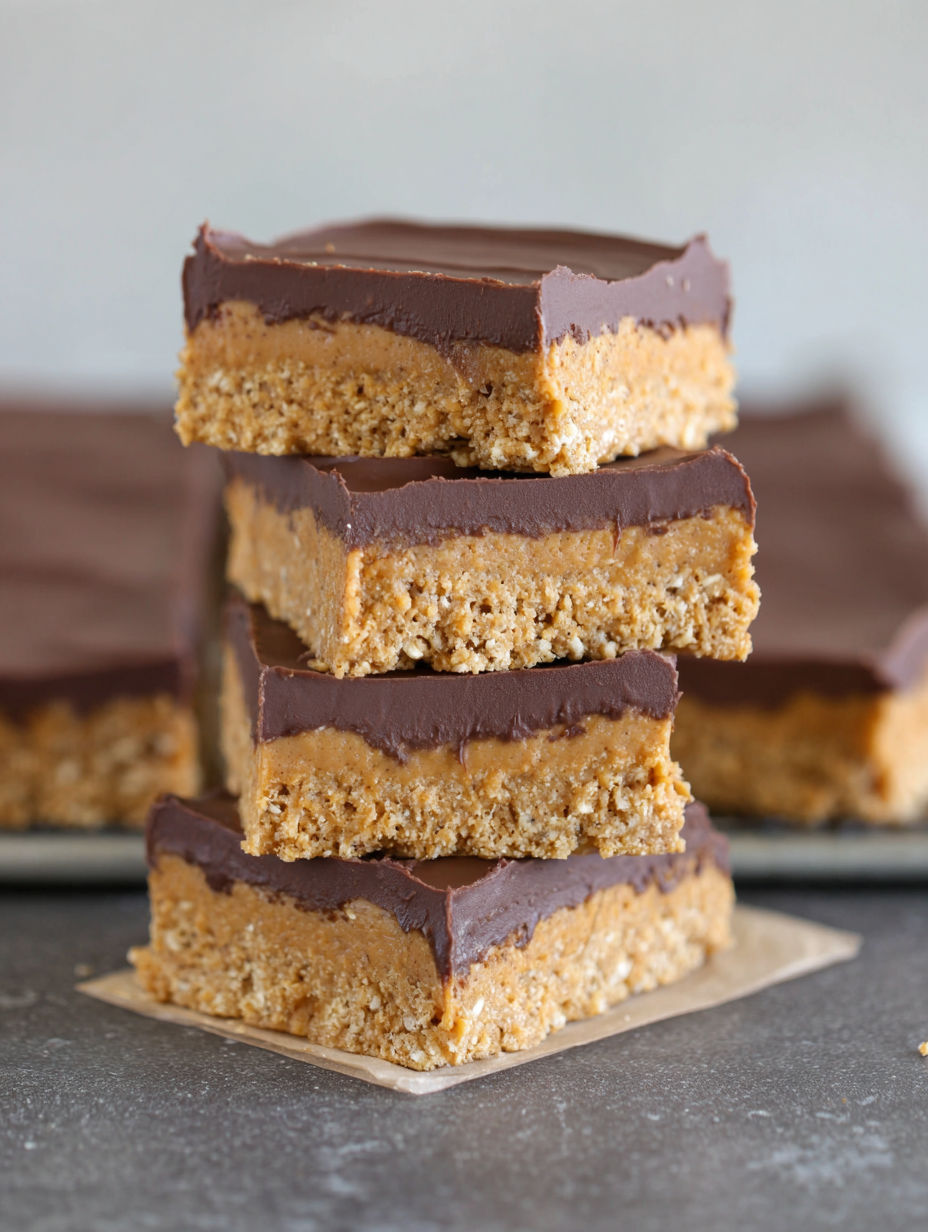 A stack of chocolate and peanut butter bars.