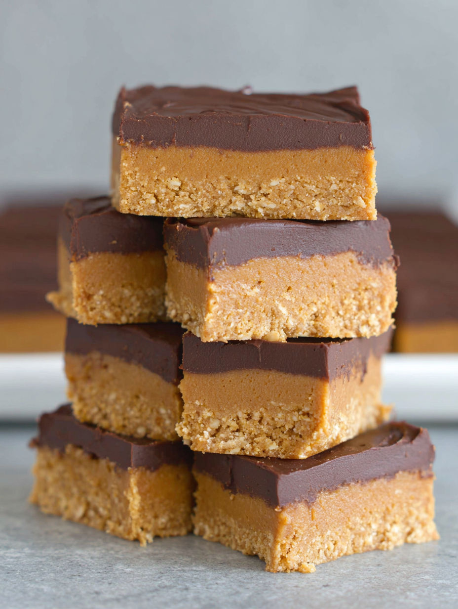 A stack of brownies with chocolate and peanut butter toppings.