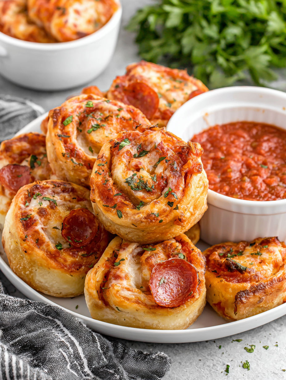 A plate of pepperoni pizza rolls.