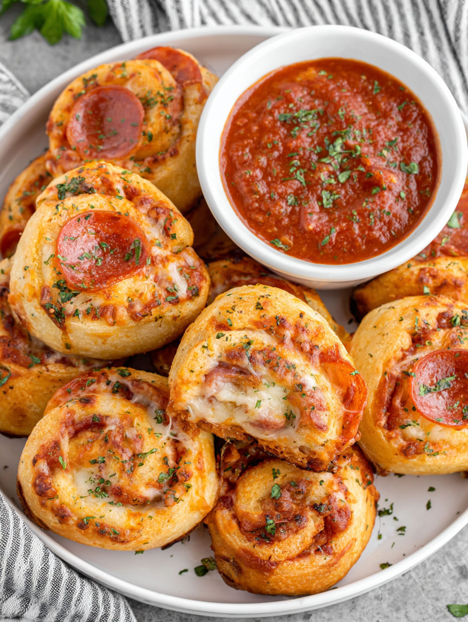 A plate of pepperoni pizza rolls with a bowl of sauce.