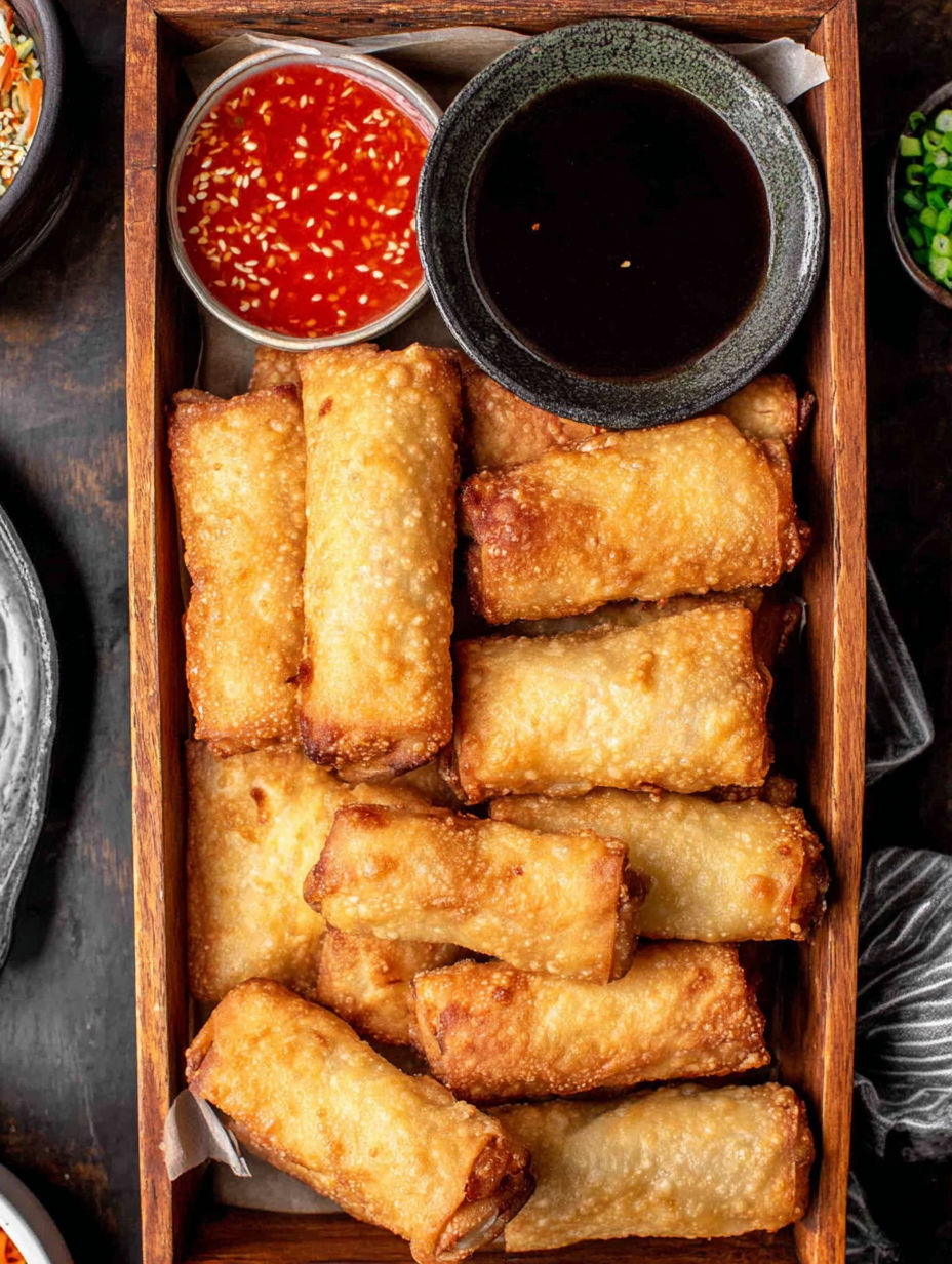 A tray of homemade egg rolls.