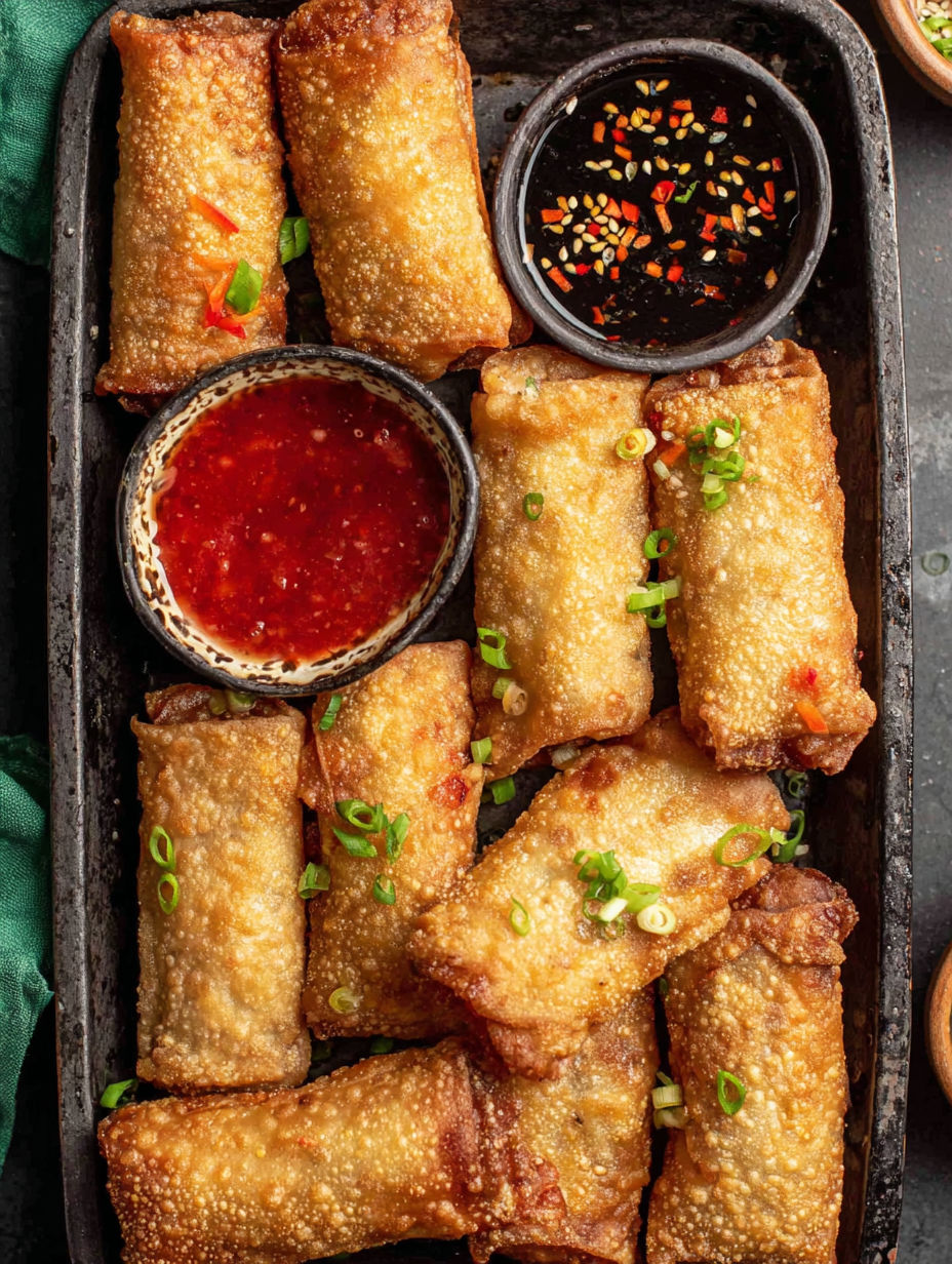 A tray of homemade egg rolls with sauce.