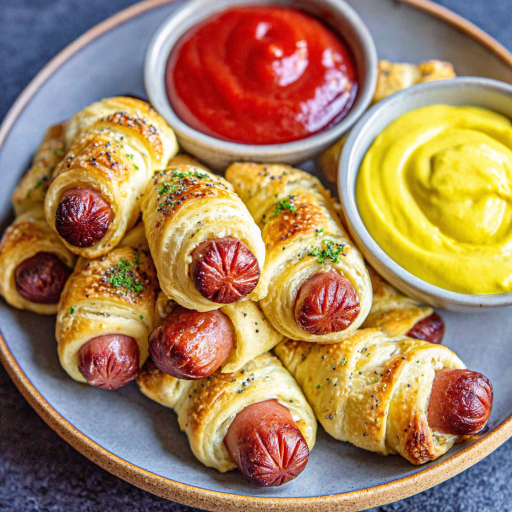 A plate of pigs in a blanket with ketchup and mustard.