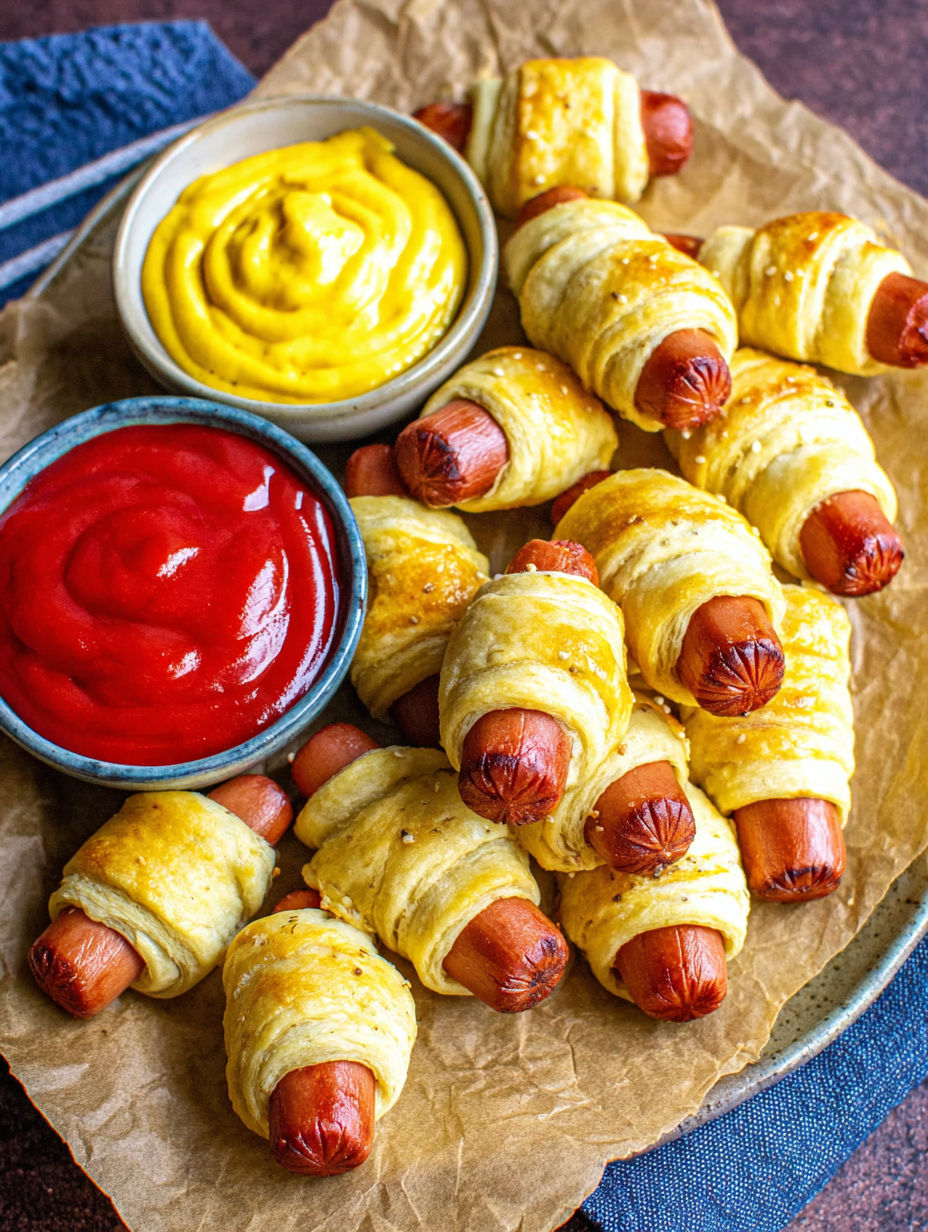 Pigs in a blanket with mustard and ketchup.