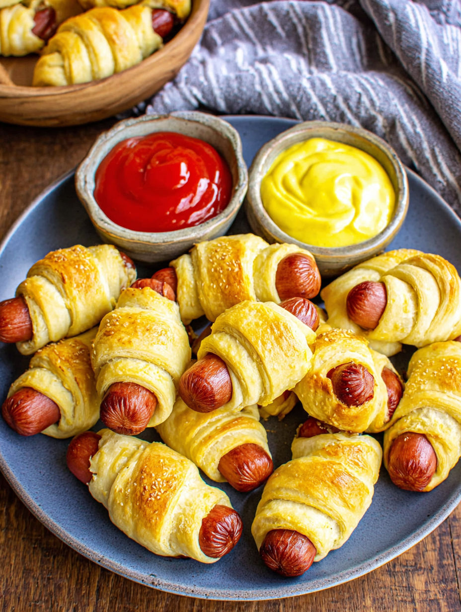 A plate of pigs in a blanket with ketchup and mustard.