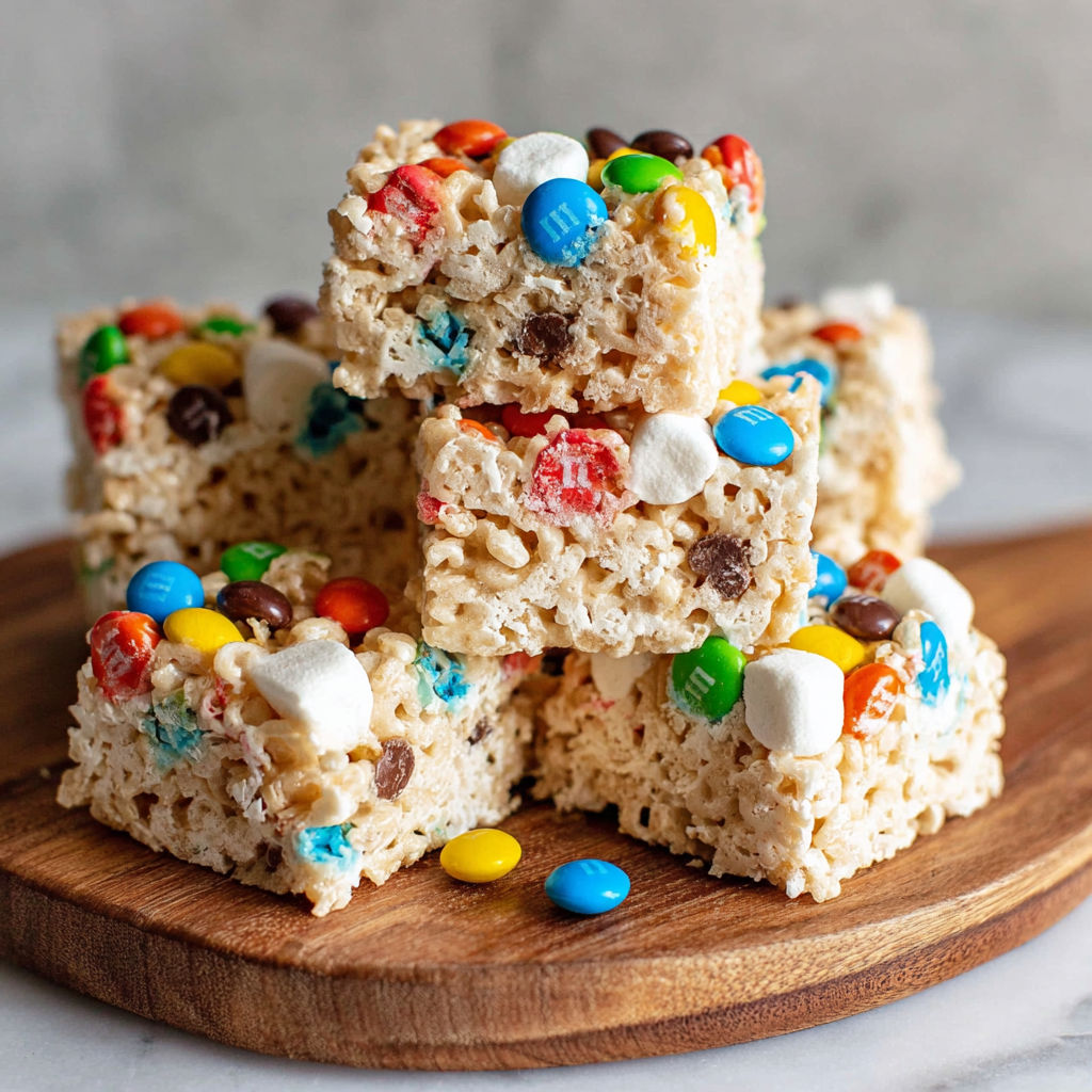 A stack of M&M Rice Krispie Treats.