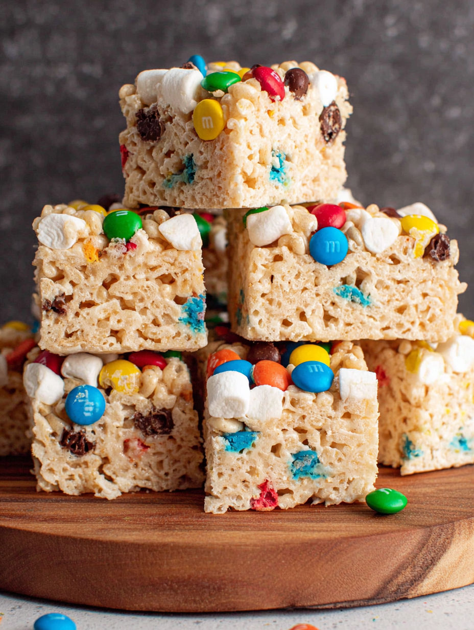 A stack of cake with marshmallows and m&m's.