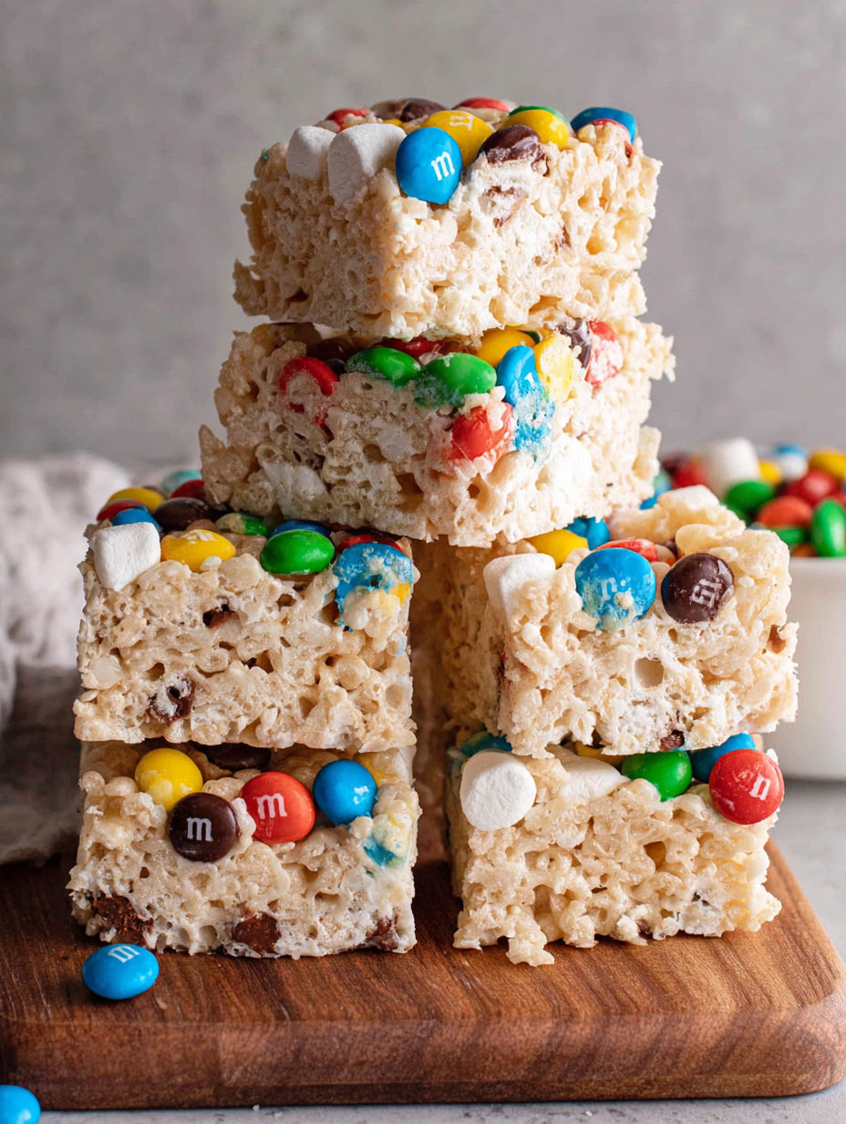A stack of cake with M&M's on top.