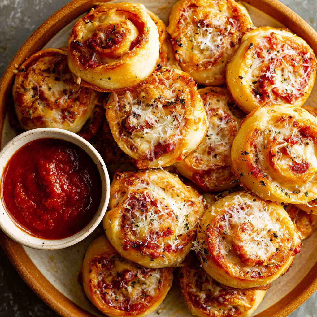 A plate of pizza wheels with cheese and sauce.
