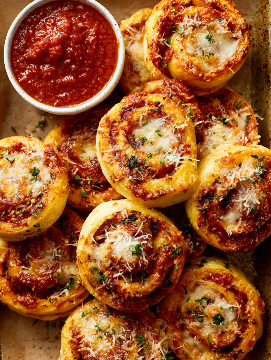A plate of pizza wheels with sauce.