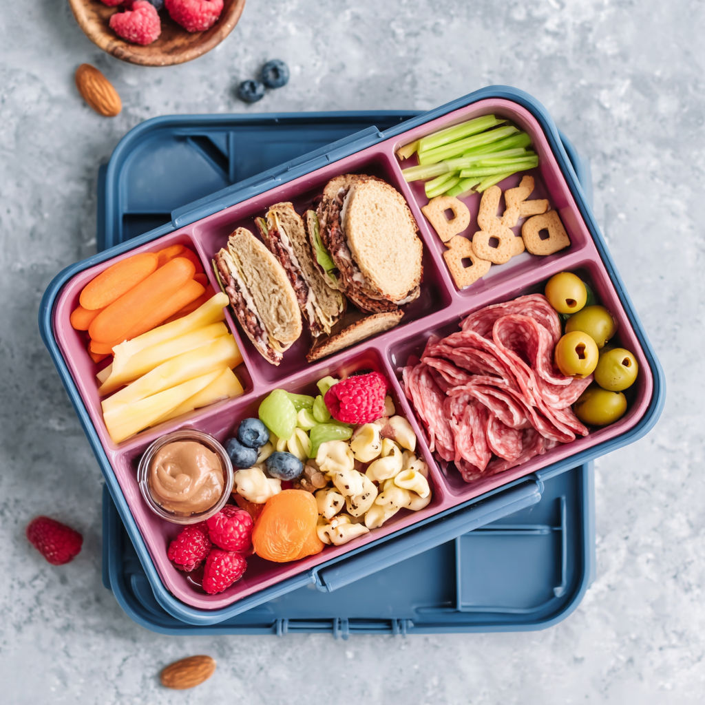 A blue lunch box with a variety of foods.