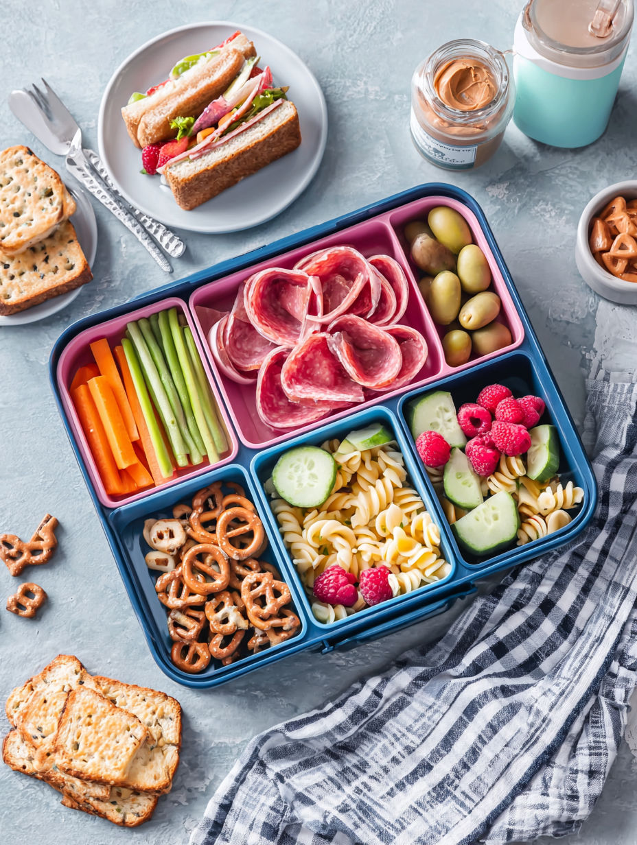 A blue lunch box with a variety of foods including pasta, fruit, and vegetables.