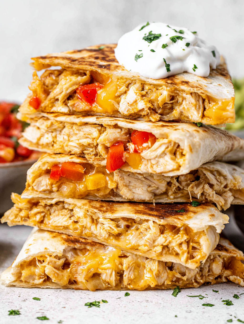A stack of chicken quesadillas with white cheese and sour cream on top.
